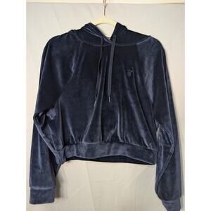Victoria Secret Hoodie S Blue On Point Velour Ribbed Cropped Pullover Soft(628)